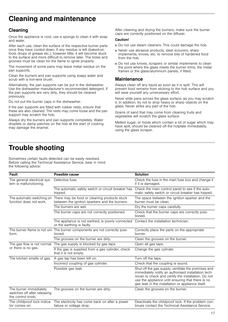 Cleaning and maintenance, Cleaning, Caution | Maintenance, Trouble shooting, Cleaning and maintenance cleaning, Ting | Bosch PRR726F71E Gas-Kochstelle Glaskeramik 70 cm User Manual | Page 17 / 59