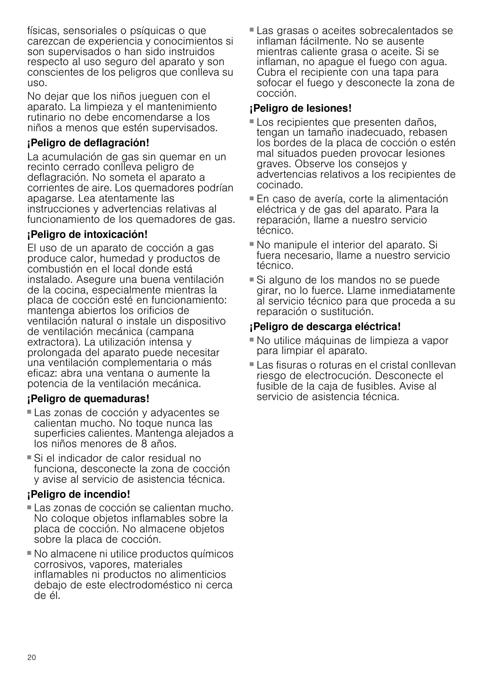 Peligro de deflagración, Peligro de intoxicación, Peligro de quemaduras | Peligro de incendio, Peligro de lesiones, Peligro de descarga eléctrica | Bosch PRR726F71E Gas-Kochstelle Glaskeramik 70 cm User Manual | Page 20 / 59