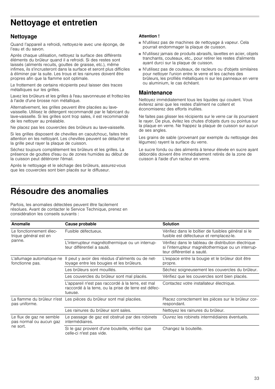 Nettoyage et entretien, Nettoyage, Attention | Maintenance, Résoudre des anomalies | Bosch PRR726F71E Gas-Kochstelle Glaskeramik 70 cm User Manual | Page 33 / 59