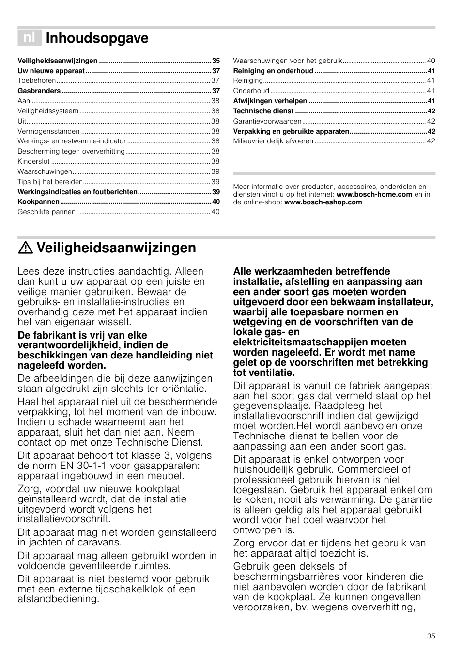 É inhoudsopgave[nl] gebruiksaanwijzing, Veiligheidsaanwijzingen, Jzing | Inhoudsopgave | Bosch PRR726F71E Gas-Kochstelle Glaskeramik 70 cm User Manual | Page 35 / 59
