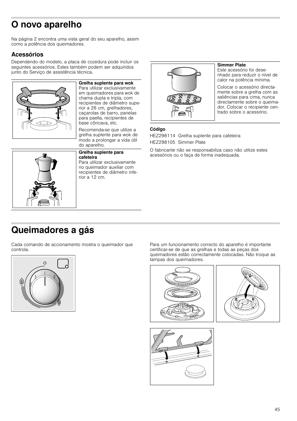 O novo aparelho, Acessórios, Código | Queimadores a gás, Elho acessórios | Bosch PRR726F71E Gas-Kochstelle Glaskeramik 70 cm User Manual | Page 45 / 59