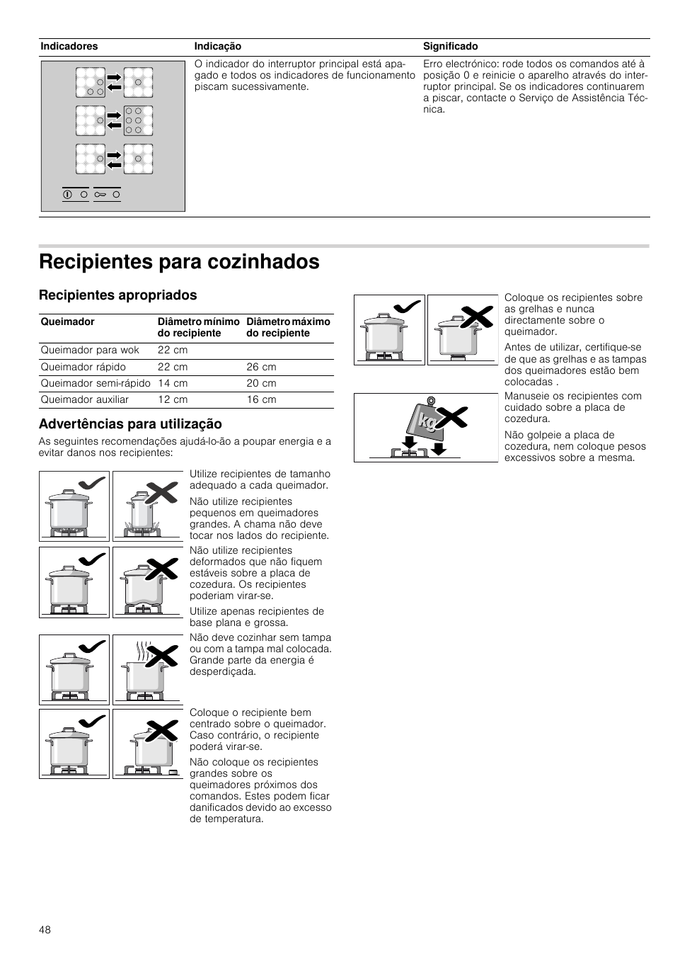 Recipientes para cozinhados, Recipientes apropriados, Advertências para utilização | Bosch PRR726F71E Gas-Kochstelle Glaskeramik 70 cm User Manual | Page 48 / 59