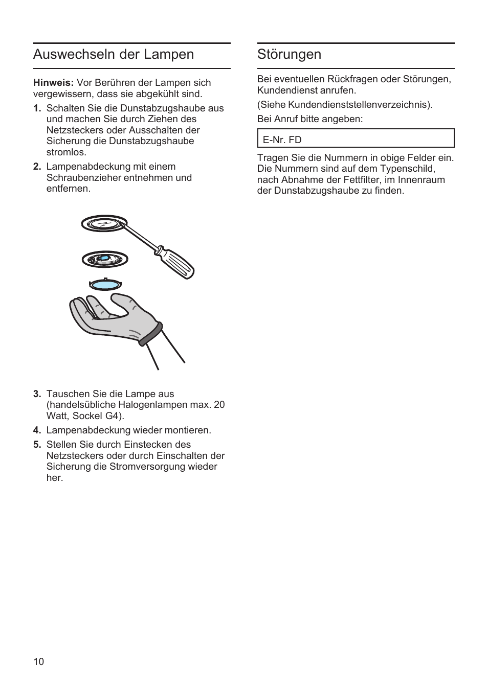 Auswechseln der lampen, Störungen | Bosch DWK09M760 Vulkan Schwarz Wandesse 90 cm Schräg-Essen-Design User Manual | Page 10 / 40