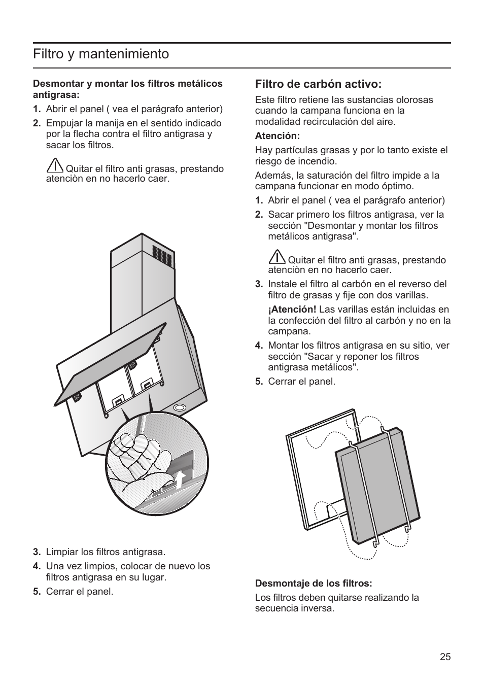 Filtro y mantenimiento | Bosch DWK09M760 Vulkan Schwarz Wandesse 90 cm Schräg-Essen-Design User Manual | Page 25 / 40