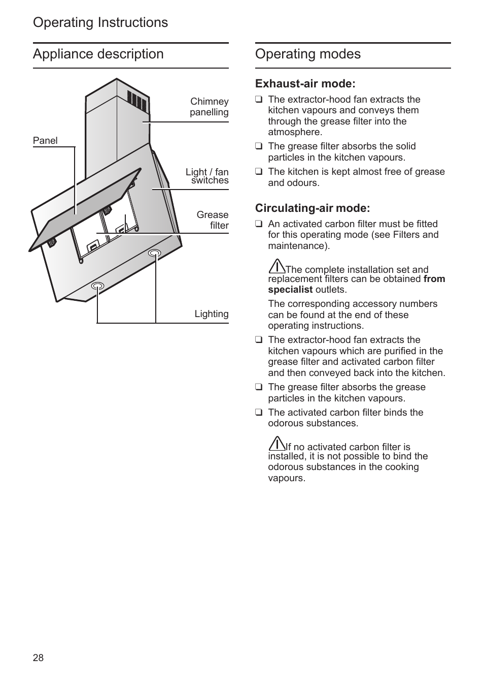 Operating instructions operating modes, Appliance description | Bosch DWK09M760 Vulkan Schwarz Wandesse 90 cm Schräg-Essen-Design User Manual | Page 28 / 40