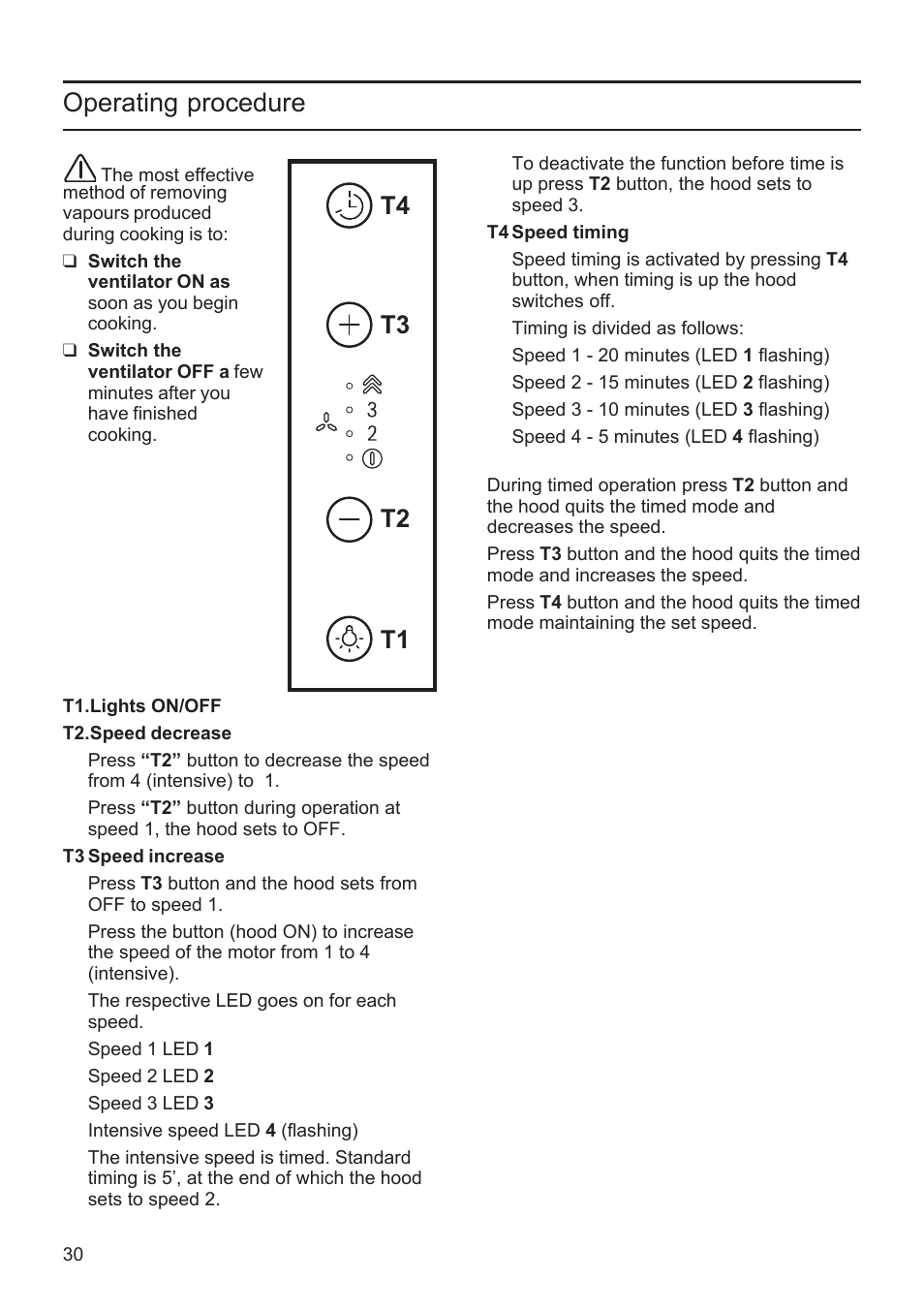 Operating procedure, T1 t2 t3 t4 | Bosch DWK09M760 Vulkan Schwarz Wandesse 90 cm Schräg-Essen-Design User Manual | Page 30 / 40