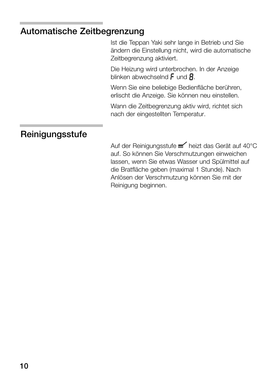 Automatische zeitbegrenzung, Reinigungsstufe | Bosch PKY475N14E Edelstahl Comfort-Profil Teppan Yaki User Manual | Page 10 / 84
