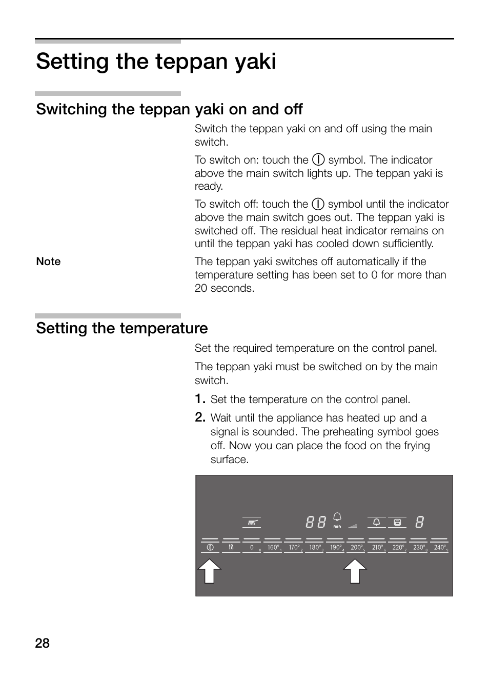 Setting the teppan yaki, Switching the teppan yaki on and off, Setting the temperature | Bosch PKY475N14E Edelstahl Comfort-Profil Teppan Yaki User Manual | Page 28 / 84