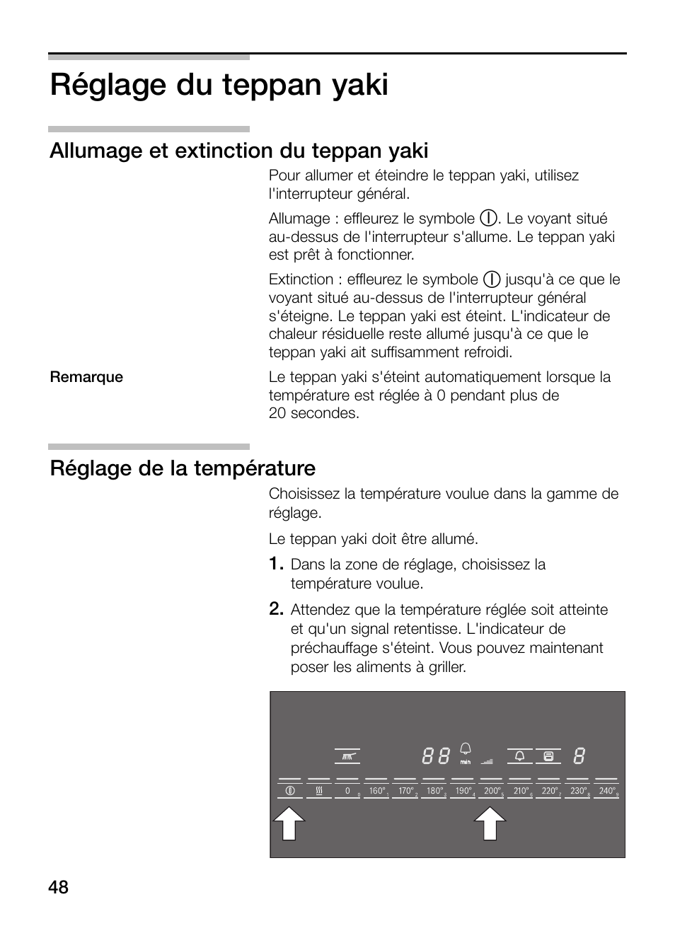Réglage du teppan yaki, Allumage et extinction du teppan yaki, Réglage de la température | Bosch PKY475N14E Edelstahl Comfort-Profil Teppan Yaki User Manual | Page 48 / 84