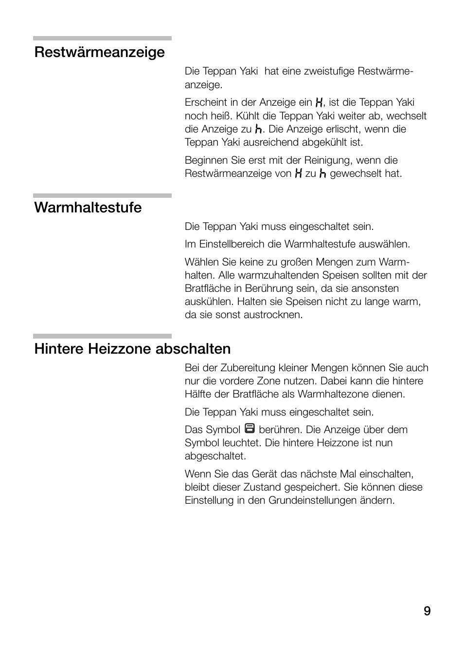 Restwärmeanzeige, Warmhaltestufe, Hintere heizzone abschalten | Bosch PKY475N14E Edelstahl Comfort-Profil Teppan Yaki User Manual | Page 9 / 84