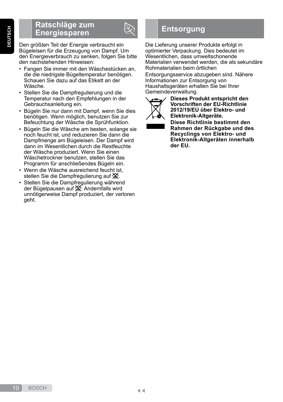 Ratschläge zum energiesparen, Entsorgung | Bosch Dampfbügeleisen Sensixxx DA50 EditionRosso TDA503001P schwarz rot User Manual | Page 10 / 114