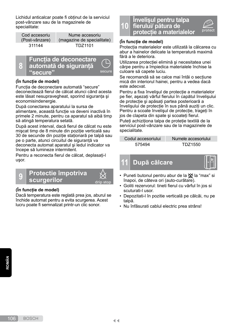 Protectie împotriva scurgerilor, Dupã cãlcare | Bosch Dampfbügeleisen Sensixxx DA50 EditionRosso TDA503001P schwarz rot User Manual | Page 106 / 114