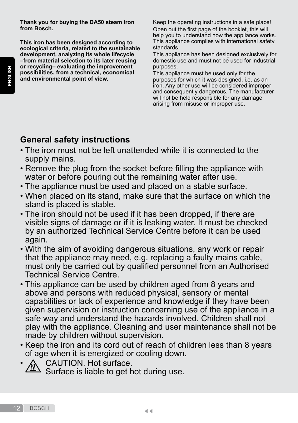 English, General safety instructions | Bosch Dampfbügeleisen Sensixxx DA50 EditionRosso TDA503001P schwarz rot User Manual | Page 12 / 114