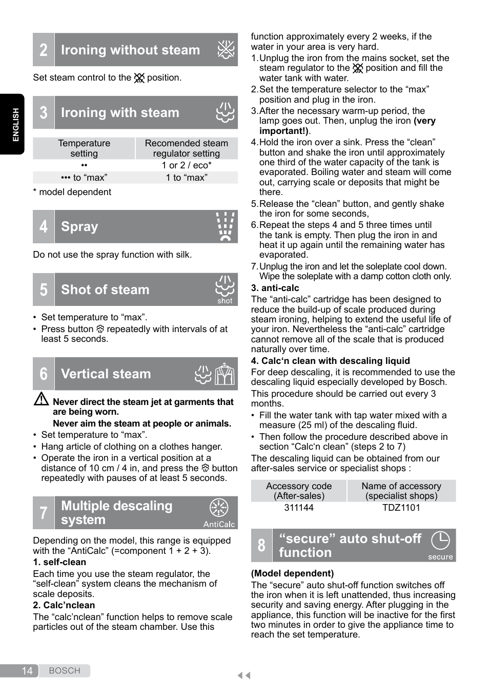 Ironing without steam, Ironing with steam, Shot of steam | Vertical steam, Multiple descaling system, “secure” auto shut-off function, Spray, Secure” auto shut-off function | Bosch Dampfbügeleisen Sensixxx DA50 EditionRosso TDA503001P schwarz rot User Manual | Page 14 / 114