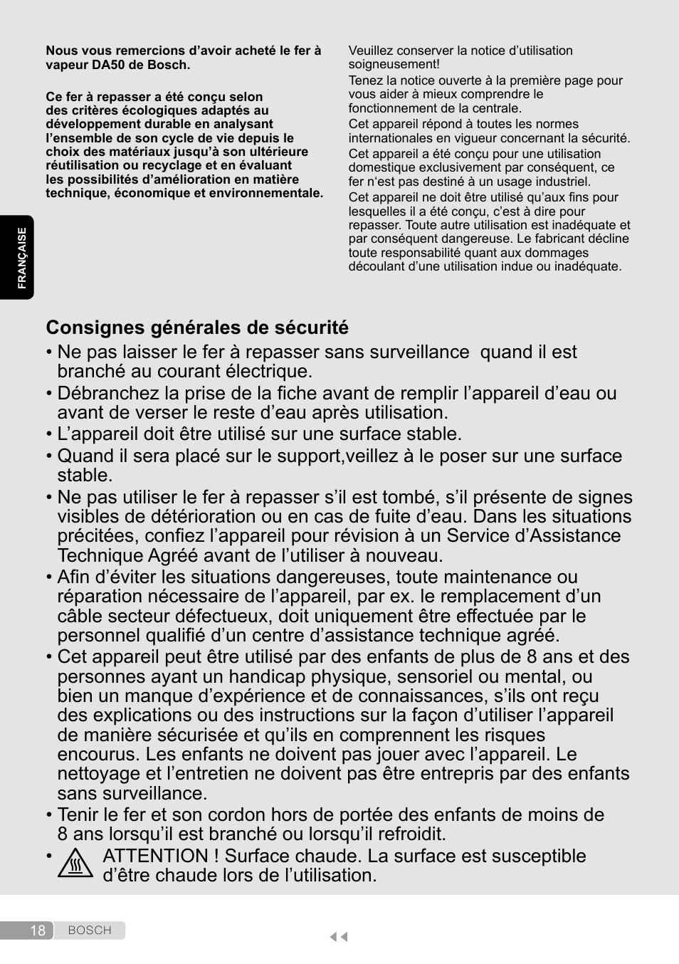 Française, Consignes générales de sécurité | Bosch Dampfbügeleisen Sensixxx DA50 EditionRosso TDA503001P schwarz rot User Manual | Page 18 / 114