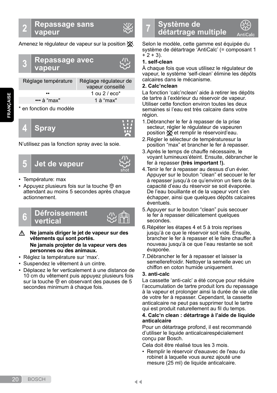 Repassage sans vapeur, Repassage avec vapeur, Jet de vapeur | Défroissement vertical, Système de détartrage multiple, Spray | Bosch Dampfbügeleisen Sensixxx DA50 EditionRosso TDA503001P schwarz rot User Manual | Page 20 / 114