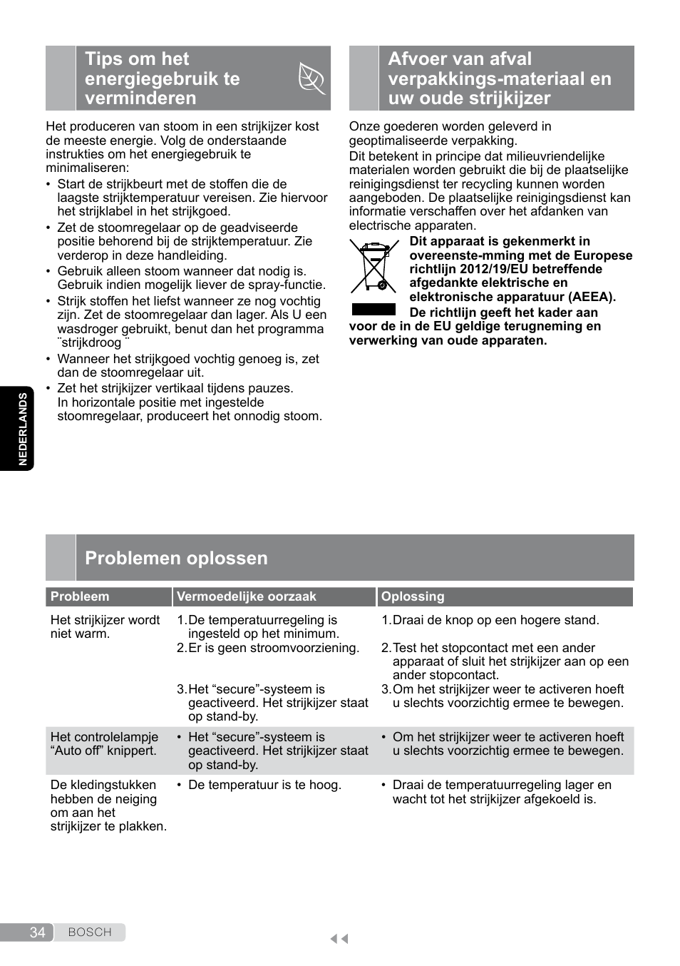 Tips om het energiegebruik te verminderen, Problemen oplossen | Bosch Dampfbügeleisen Sensixxx DA50 EditionRosso TDA503001P schwarz rot User Manual | Page 34 / 114
