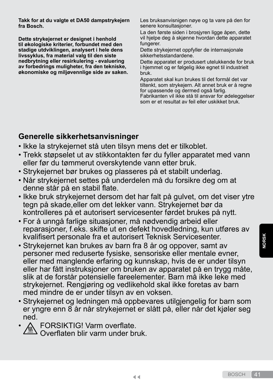Norsk, Generelle sikkerhetsanvisninger | Bosch Dampfbügeleisen Sensixxx DA50 EditionRosso TDA503001P schwarz rot User Manual | Page 41 / 114