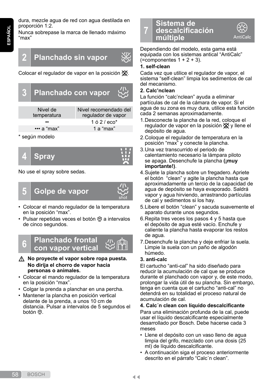 Planchado sin vapor, Planchado con vapor, Golpe de vapor | Planchado frontal con vapor vertical, Sistema de descalcificación múltiple, Sistema de descalciicación múltiple, Spray | Bosch Dampfbügeleisen Sensixxx DA50 EditionRosso TDA503001P schwarz rot User Manual | Page 58 / 114