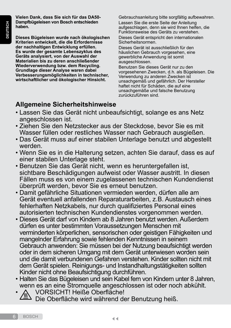 Deutsch, Allgemeine sicherheitshinweise | Bosch Dampfbügeleisen Sensixxx DA50 EditionRosso TDA503001P schwarz rot User Manual | Page 6 / 114