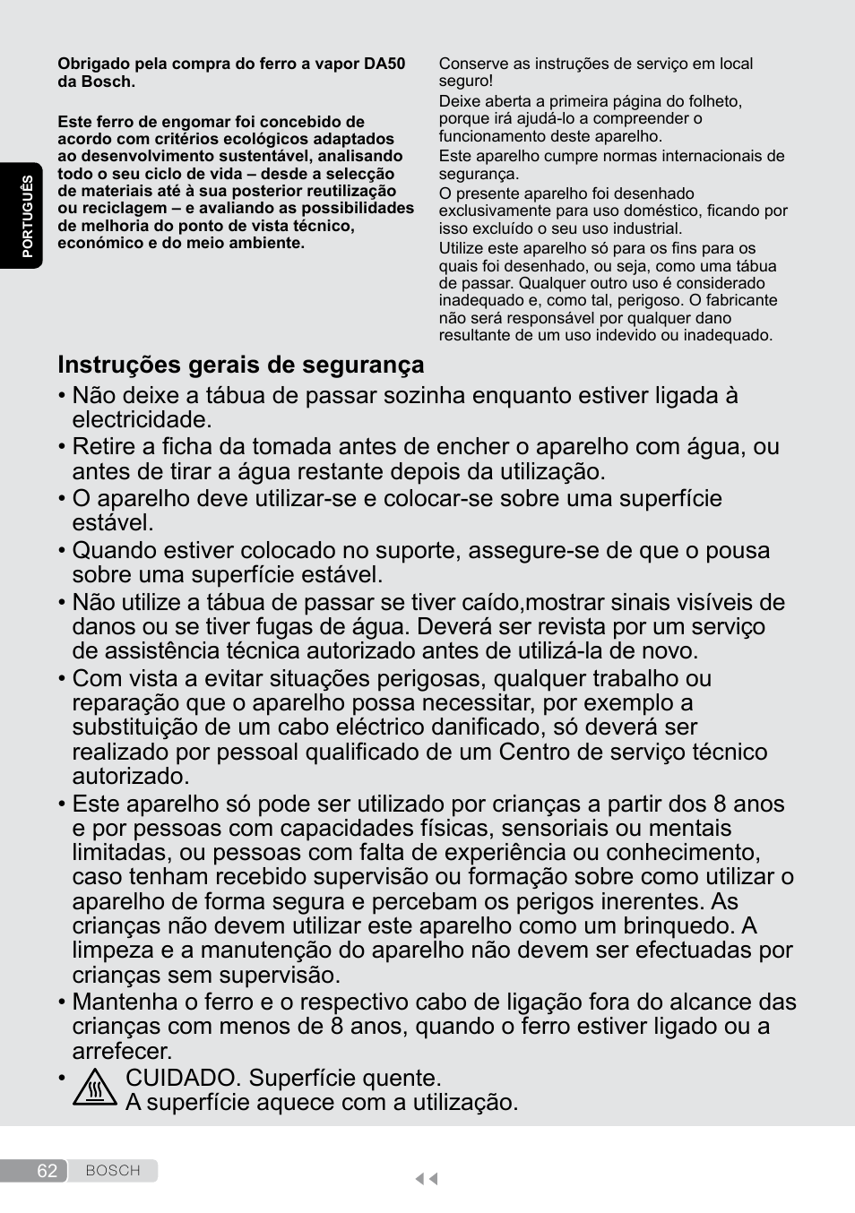 Português, Instruções gerais de segurança | Bosch Dampfbügeleisen Sensixxx DA50 EditionRosso TDA503001P schwarz rot User Manual | Page 62 / 114