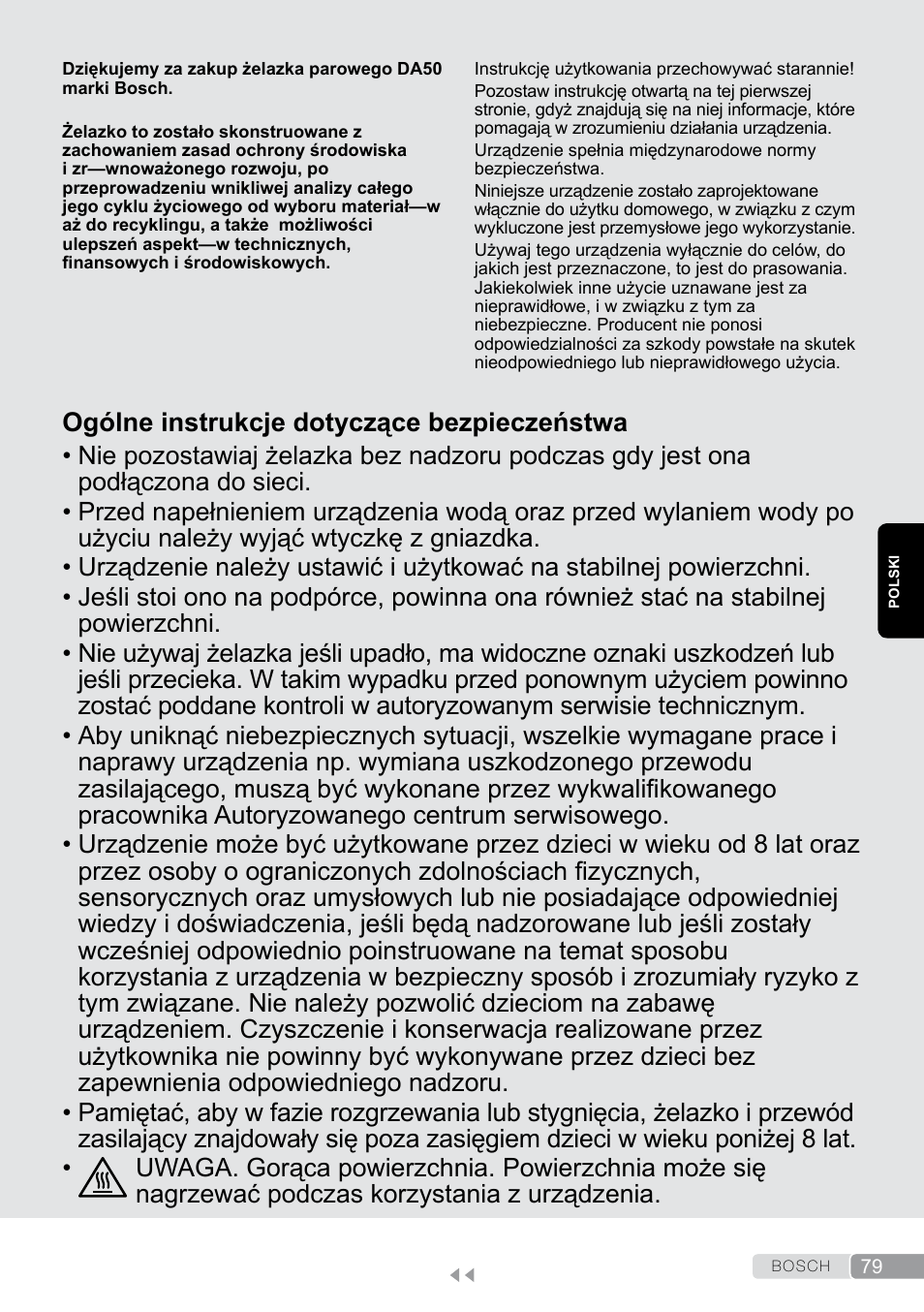 Polski, Ogólne instrukcje dotyczące bezpieczeństwa | Bosch Dampfbügeleisen Sensixxx DA50 EditionRosso TDA503001P schwarz rot User Manual | Page 79 / 114