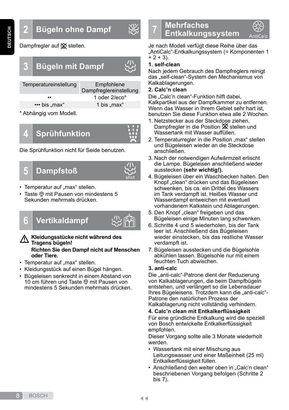 Bügeln ohne dampf, Bügeln mit dampf, Sprühfunktion | Dampfstoß, Vertikaldampf, Mehrfaches entkalkungssystem | Bosch Dampfbügeleisen Sensixxx DA50 EditionRosso TDA503001P schwarz rot User Manual | Page 8 / 114