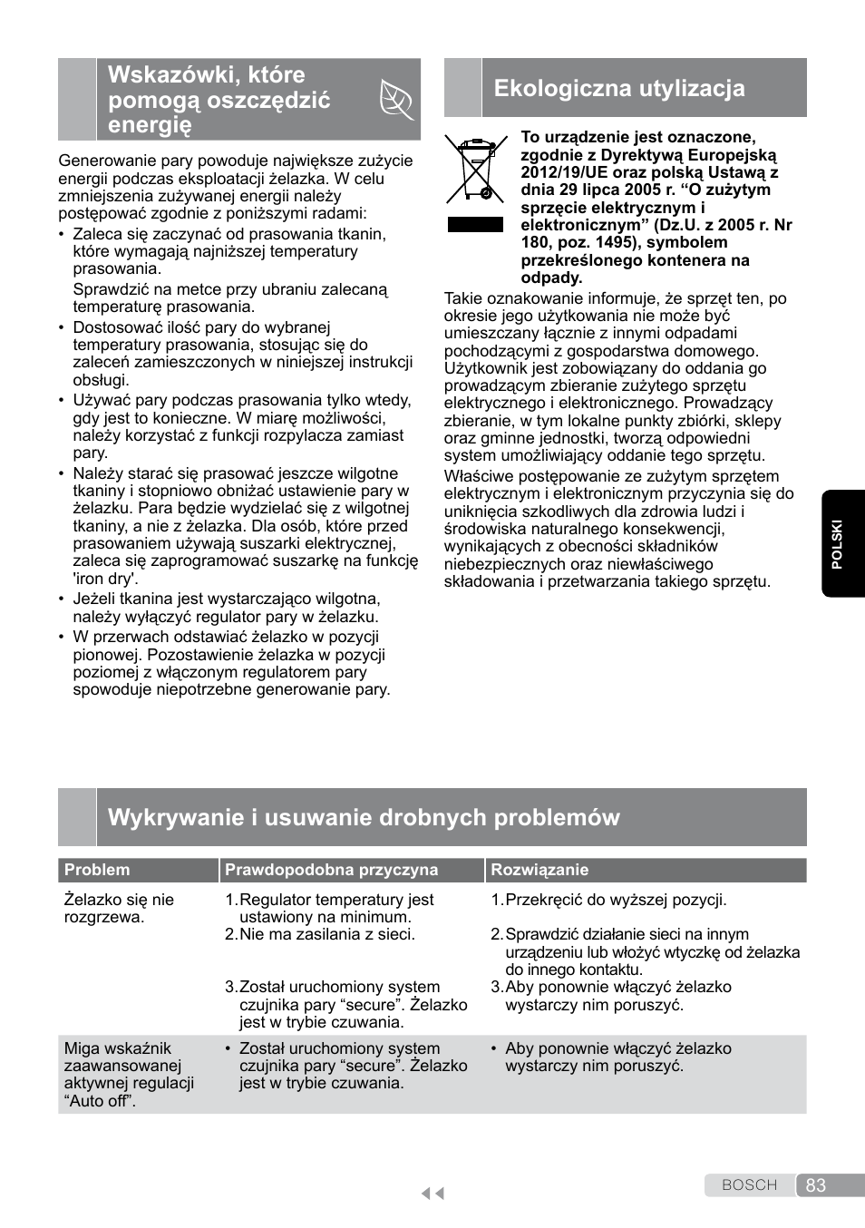 Wskazówki, które pomogą oszczędzić energię, Ekologiczna utylizacja, Wykrywanie i usuwanie drobnych problemów | Bosch Dampfbügeleisen Sensixxx DA50 EditionRosso TDA503001P schwarz rot User Manual | Page 83 / 114