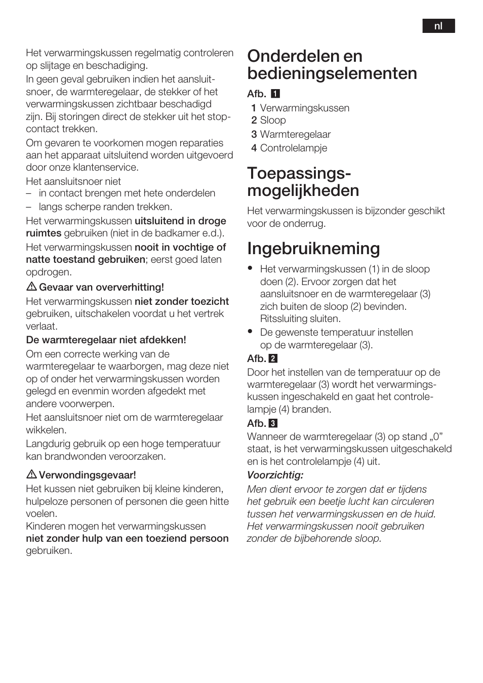 Onderdelen en bedieningselementen, Ingebruikneming, Toepassingsć mogelijkheden | Bosch PFP5230 Heizkissen relaxxtherm active User Manual | Page 12 / 47
