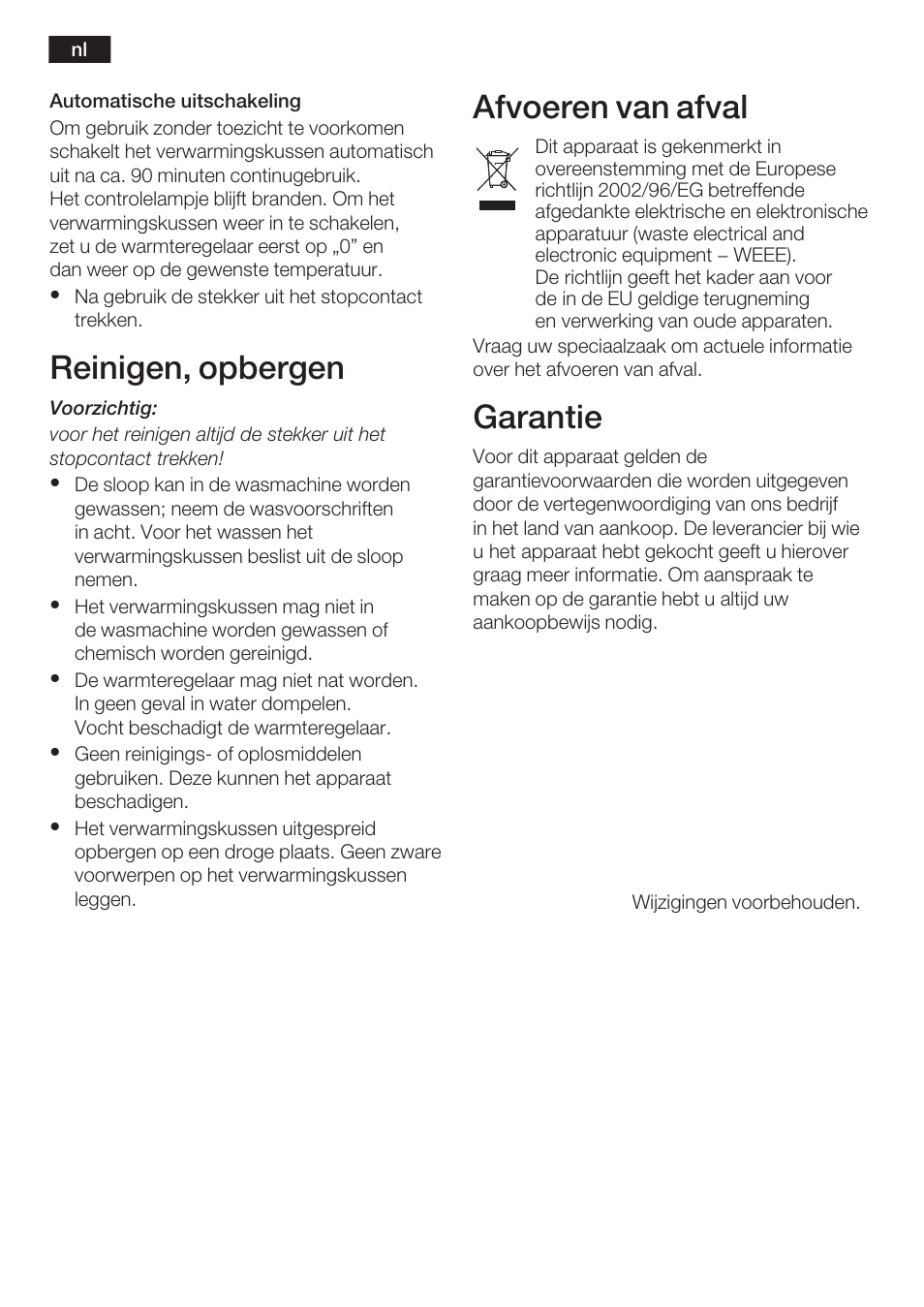 Reinigen, opbergen, Afvoeren van afval, Garantie | Bosch PFP5230 Heizkissen relaxxtherm active User Manual | Page 13 / 47