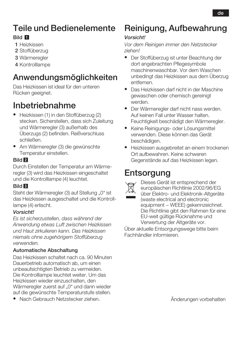 Teile und bedienelemente, Inbetriebnahme, Reinigung, aufbewahrung | Entsorgung, Anwendungsmöglichkeiten | Bosch PFP5230 Heizkissen relaxxtherm active User Manual | Page 4 / 47