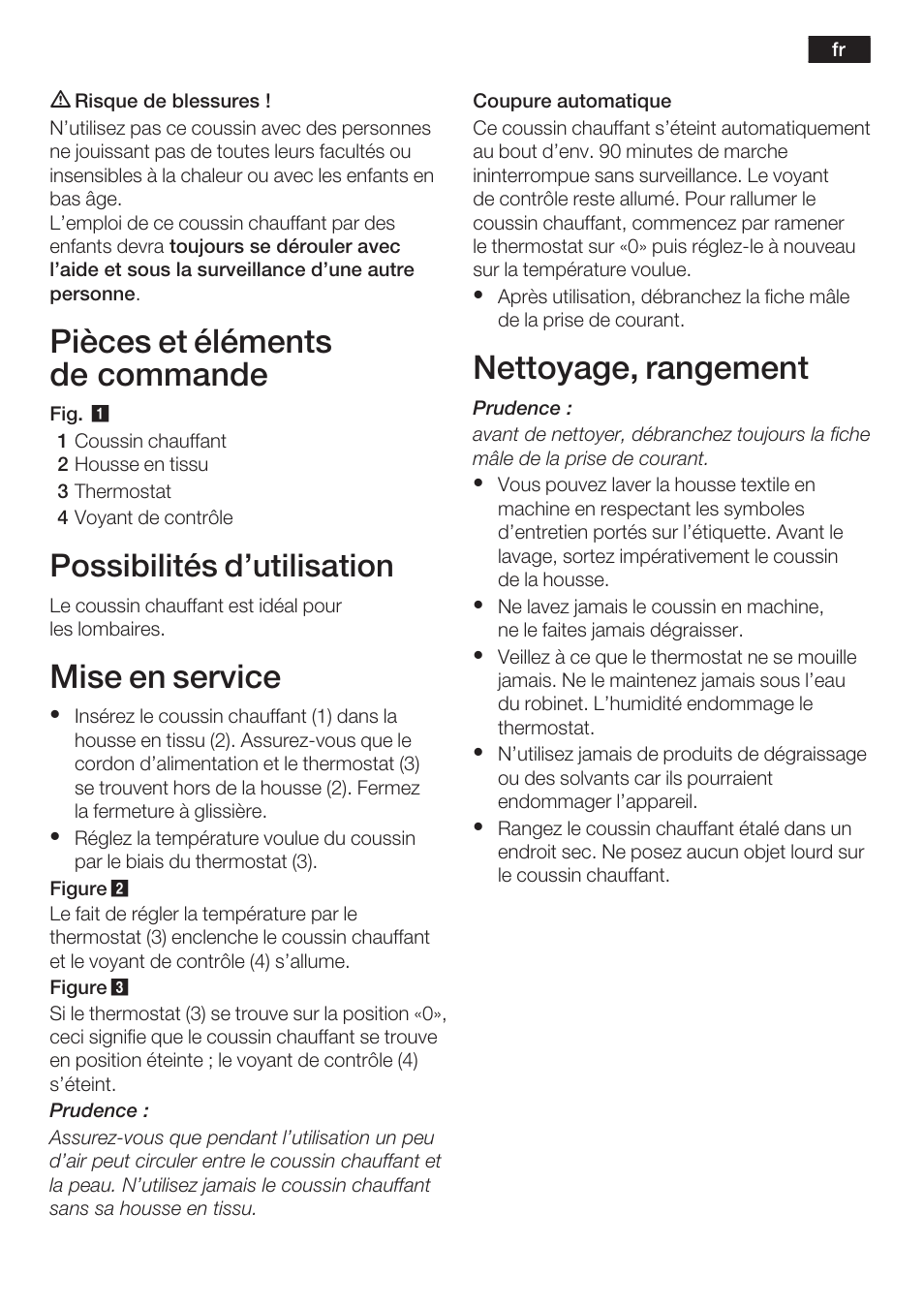 Pièces et éléments de commande, Mise en service, Nettoyage, rangement | Possibilités d'utilisation | Bosch PFP5230 Heizkissen relaxxtherm active User Manual | Page 8 / 47