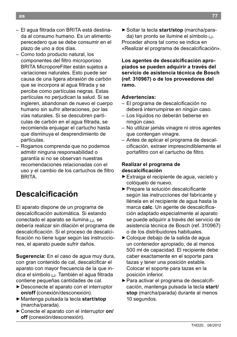 Descalciicación | Bosch THD2023 Heißwasserspender Filtrino FastCup User Manual | Page 77 / 116
