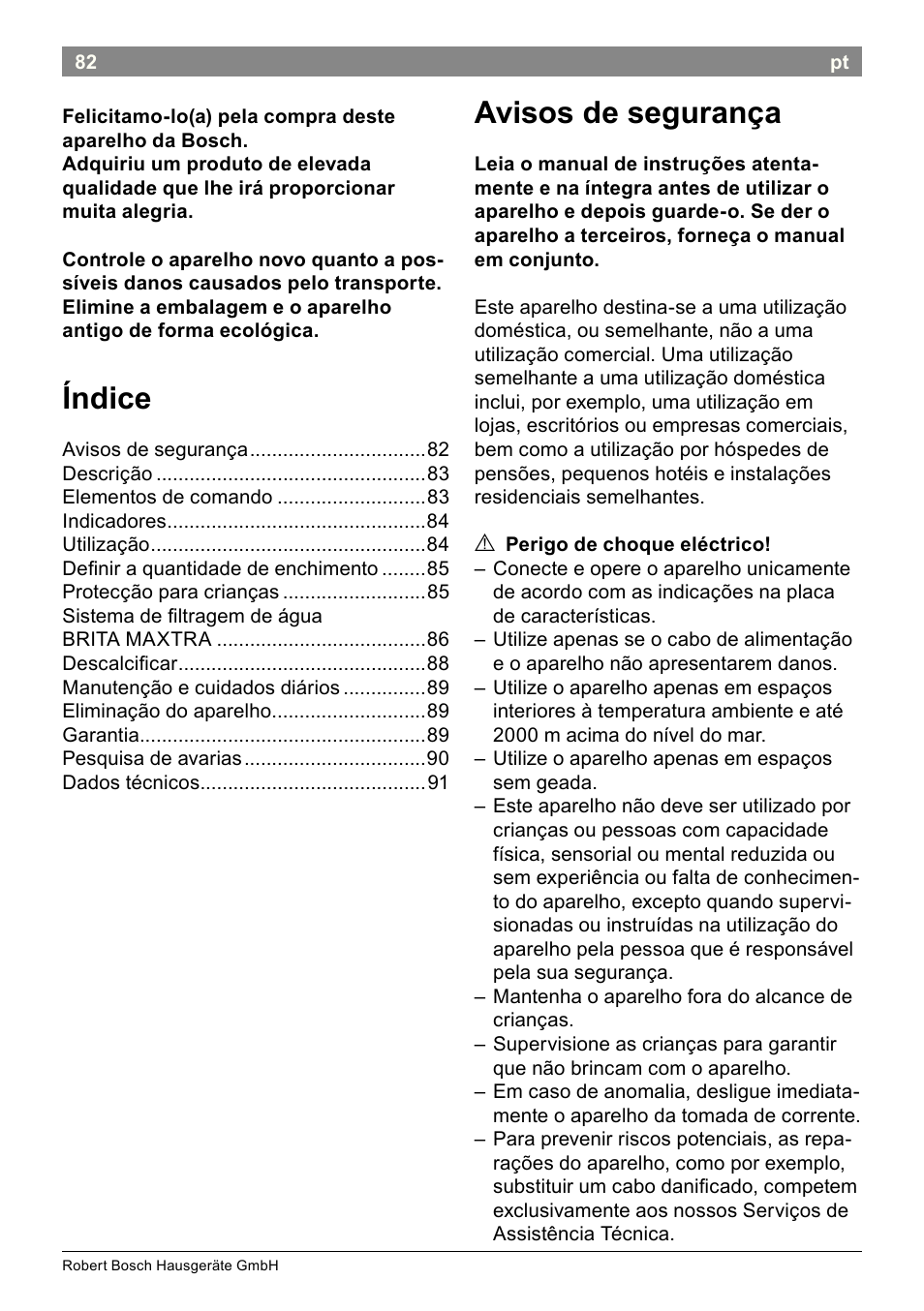 Índice, Avisos de segurança | Bosch THD2023 Heißwasserspender Filtrino FastCup User Manual | Page 82 / 116