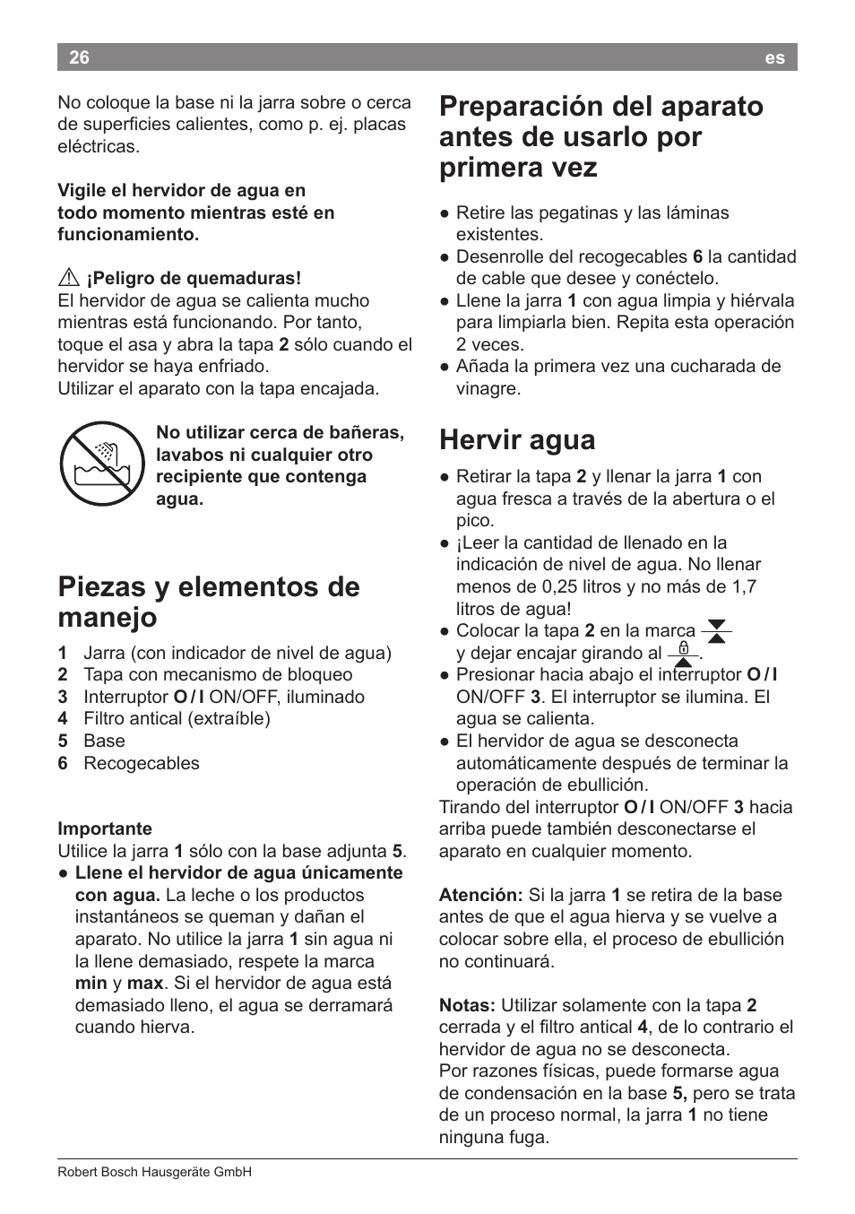 Piezas y elementos de manejo, Hervir agua | Bosch TWK3A014 Kunststoff Wasserkocher CompactClass Primärfarbe rot Sekundärfarbe Hellgrau User Manual | Page 28 / 62