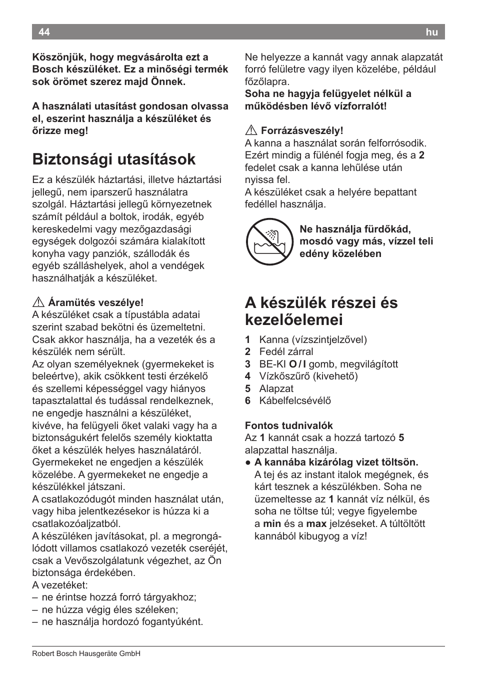 Biztonsági utasítások, A készülék részei és kezelőelemei | Bosch TWK3A014 Kunststoff Wasserkocher CompactClass Primärfarbe rot Sekundärfarbe Hellgrau User Manual | Page 46 / 62