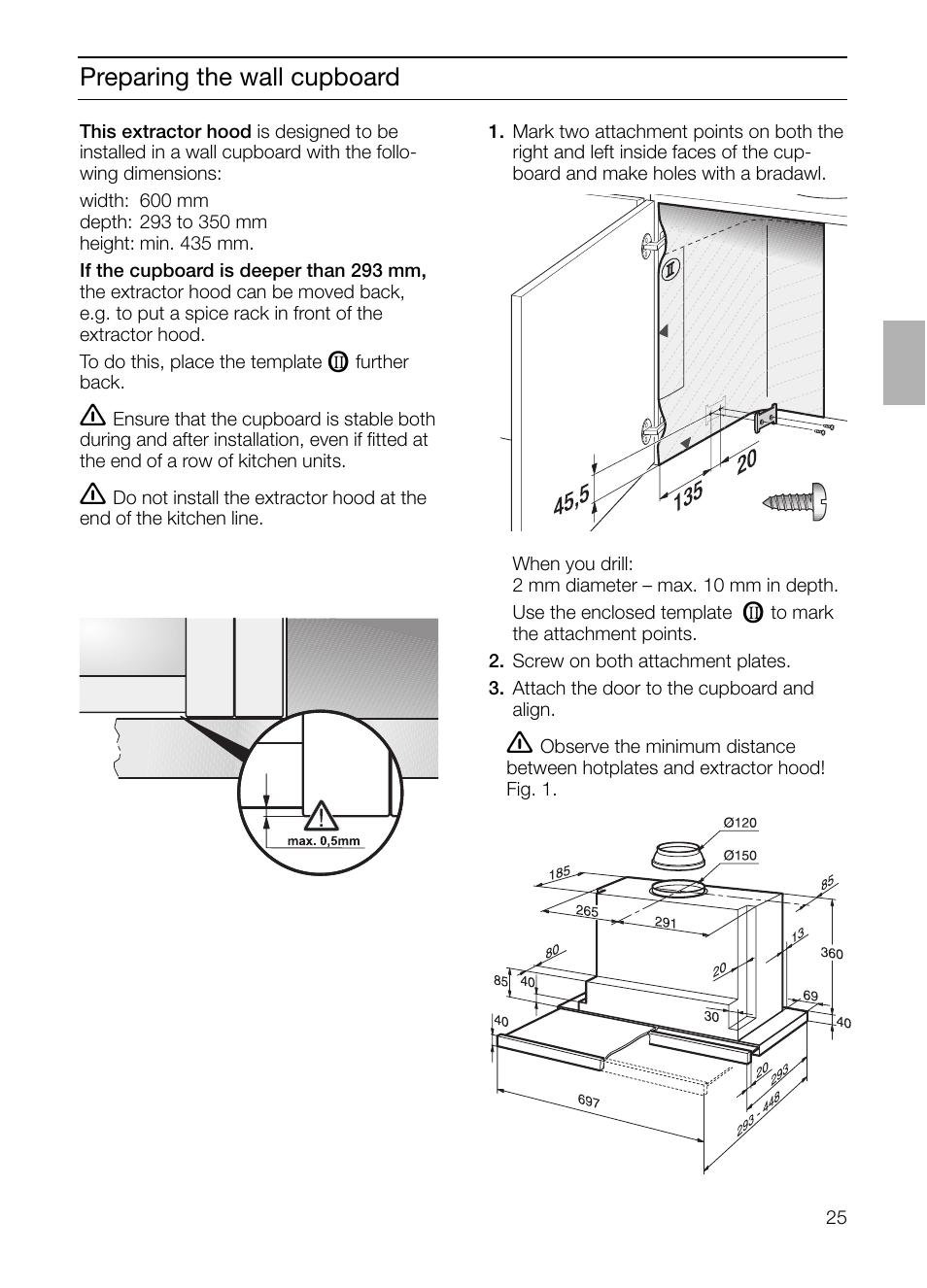 Preparing the wall cupboard | Bosch DHI755F grau-metallic Flachschirmhaube 70 cm User Manual | Page 25 / 96