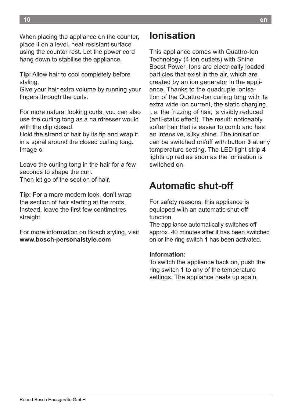 Ionisation, Automatic shut-off | Bosch PHC5363 Lockenstab BrilliantCare Quattro-Ion User Manual | Page 12 / 102