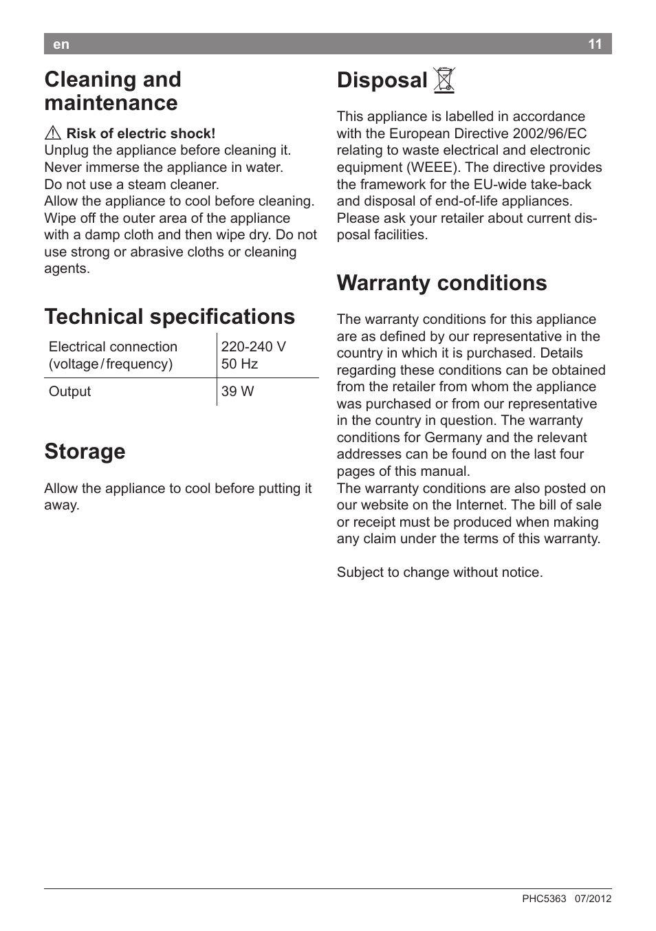 Cleaning and maintenance, Technical specifications, Storage | Disposal, Warranty conditions | Bosch PHC5363 Lockenstab BrilliantCare Quattro-Ion User Manual | Page 13 / 102