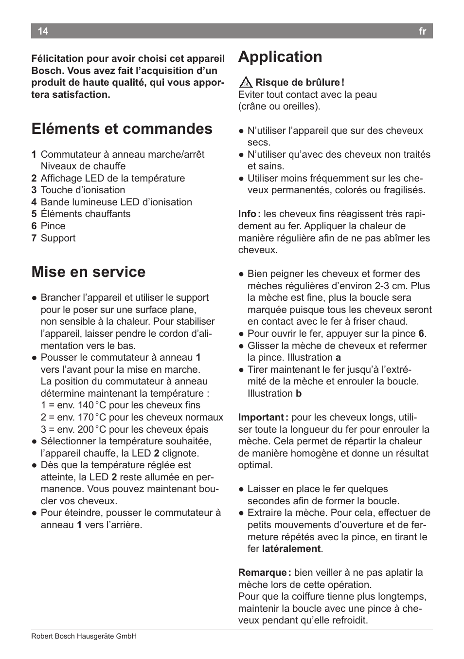 Eléments et commandes, Mise en service, Application | Bosch PHC5363 Lockenstab BrilliantCare Quattro-Ion User Manual | Page 16 / 102