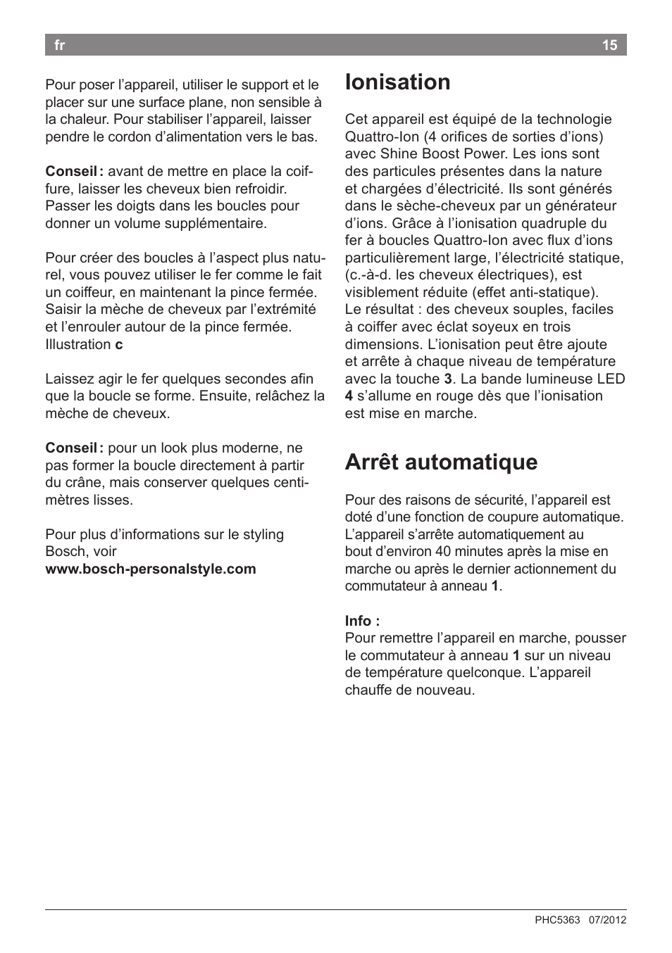 Ionisation, Arrêt automatique | Bosch PHC5363 Lockenstab BrilliantCare Quattro-Ion User Manual | Page 17 / 102