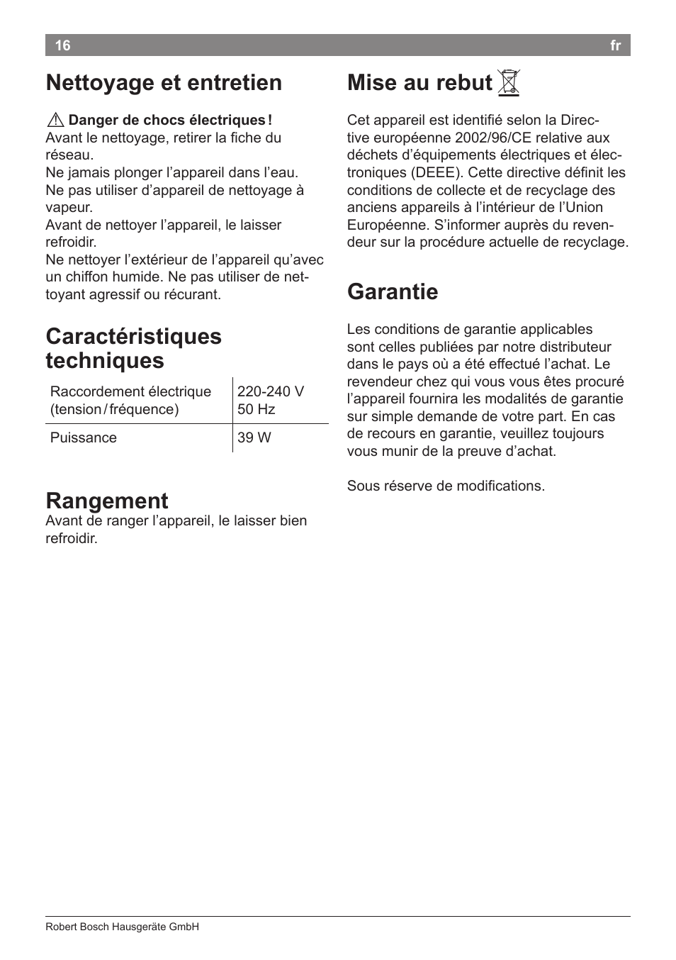 Nettoyage et entretien, Caractéristiques techniques, Rangement | Mise au rebut, Garantie | Bosch PHC5363 Lockenstab BrilliantCare Quattro-Ion User Manual | Page 18 / 102