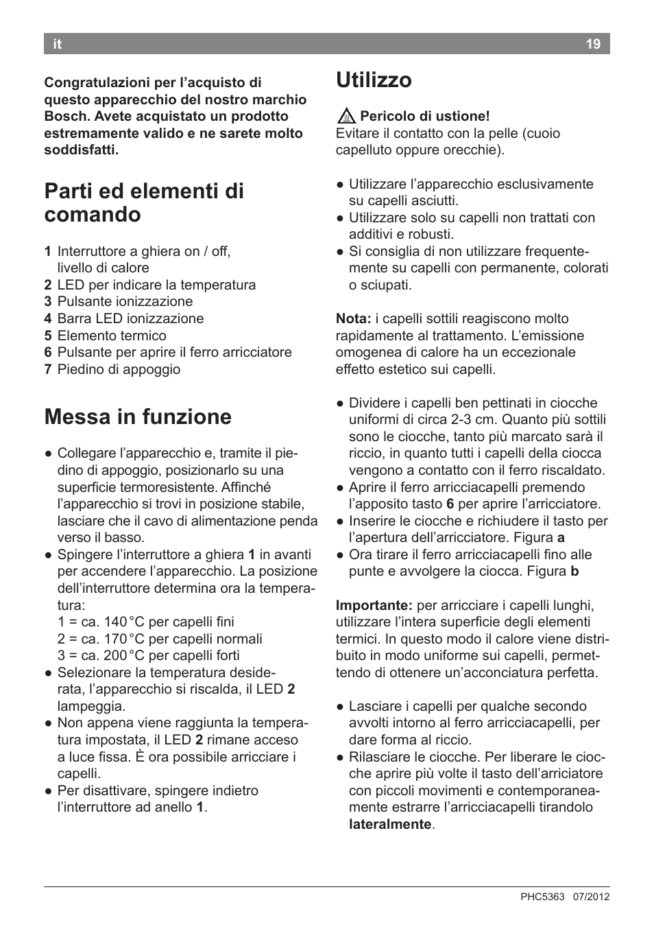 Parti ed elementi di comando, Messa in funzione, Utilizzo | Bosch PHC5363 Lockenstab BrilliantCare Quattro-Ion User Manual | Page 21 / 102