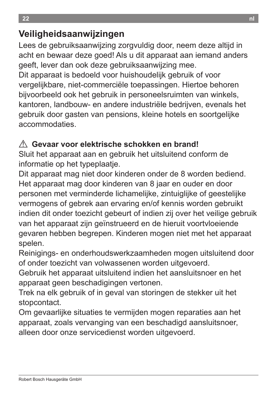 Veiligheidsaanwijzingen | Bosch PHC5363 Lockenstab BrilliantCare Quattro-Ion User Manual | Page 24 / 102