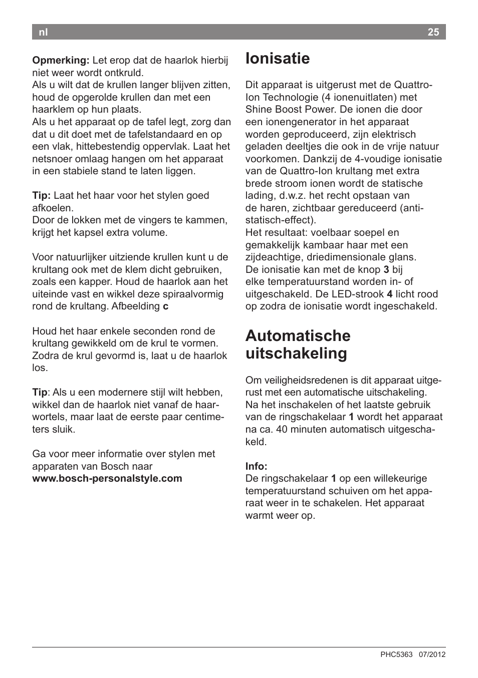 Ionisatie, Automatische uitschakeling | Bosch PHC5363 Lockenstab BrilliantCare Quattro-Ion User Manual | Page 27 / 102