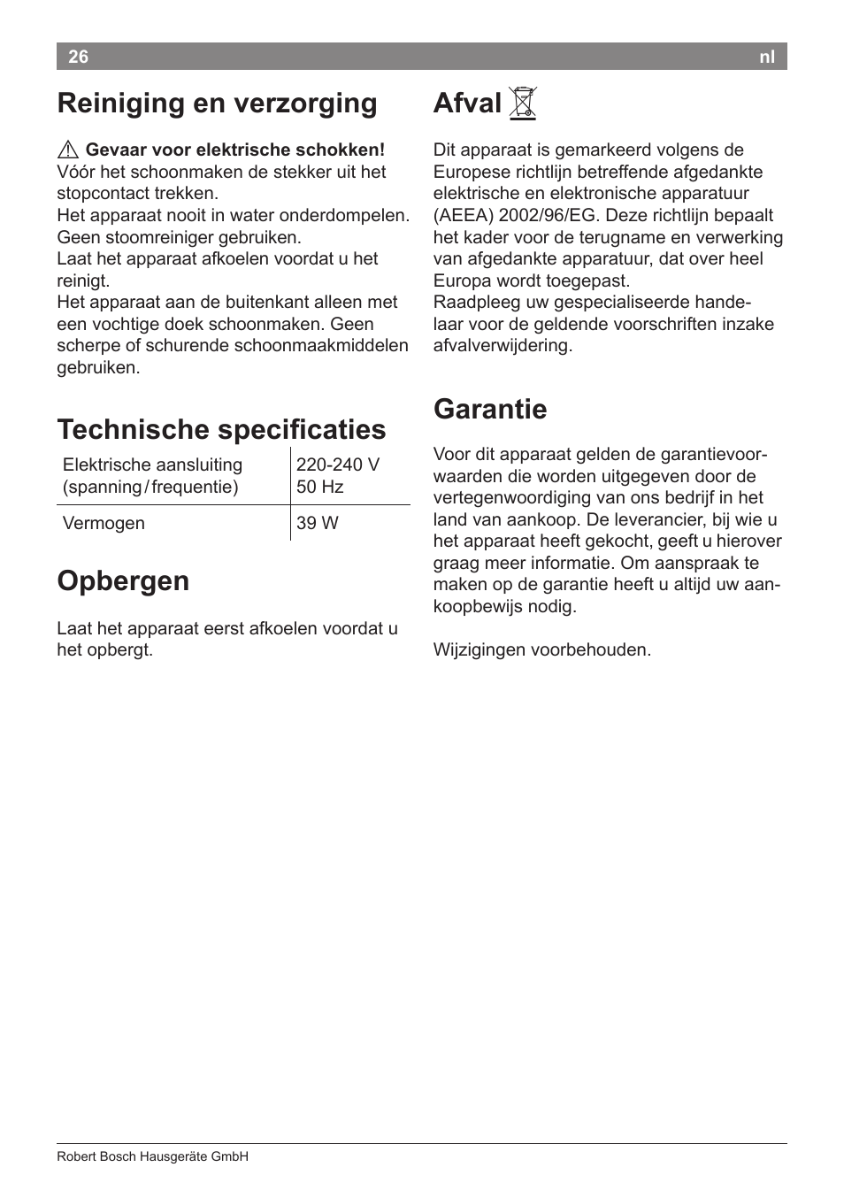 Reiniging en verzorging, Technische specificaties, Opbergen | Afval, Garantie | Bosch PHC5363 Lockenstab BrilliantCare Quattro-Ion User Manual | Page 28 / 102