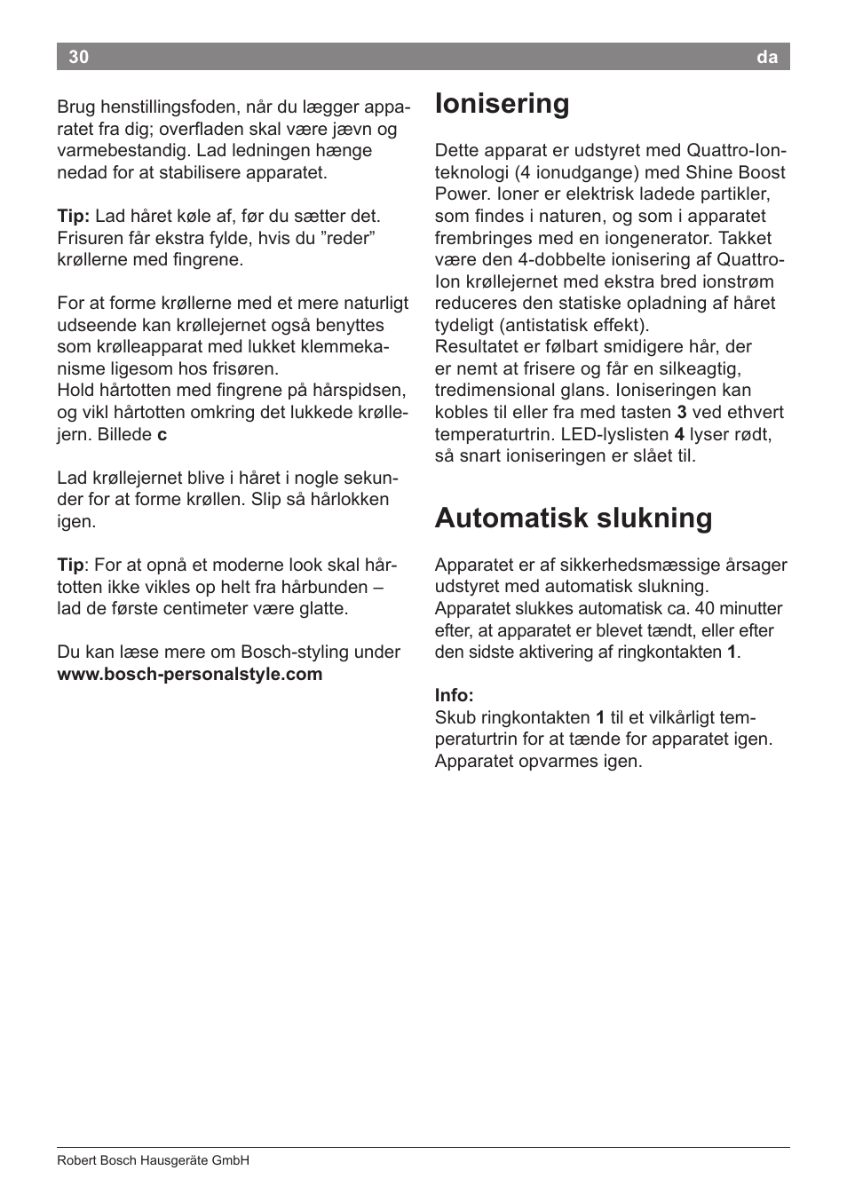 Ionisering, Automatisk slukning | Bosch PHC5363 Lockenstab BrilliantCare Quattro-Ion User Manual | Page 32 / 102