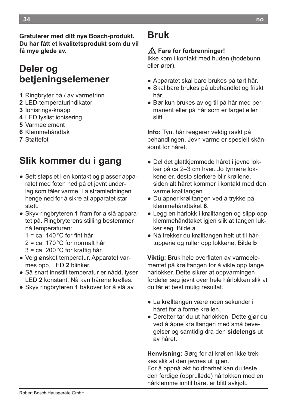 Deler og betjeningselemener, Slik kommer du i gang, Bruk | Bosch PHC5363 Lockenstab BrilliantCare Quattro-Ion User Manual | Page 36 / 102