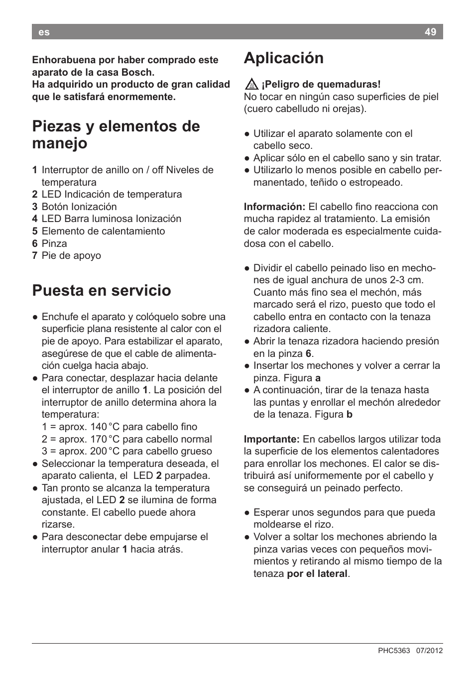 Piezas y elementos de manejo, Puesta en servicio, Aplicación | Bosch PHC5363 Lockenstab BrilliantCare Quattro-Ion User Manual | Page 51 / 102