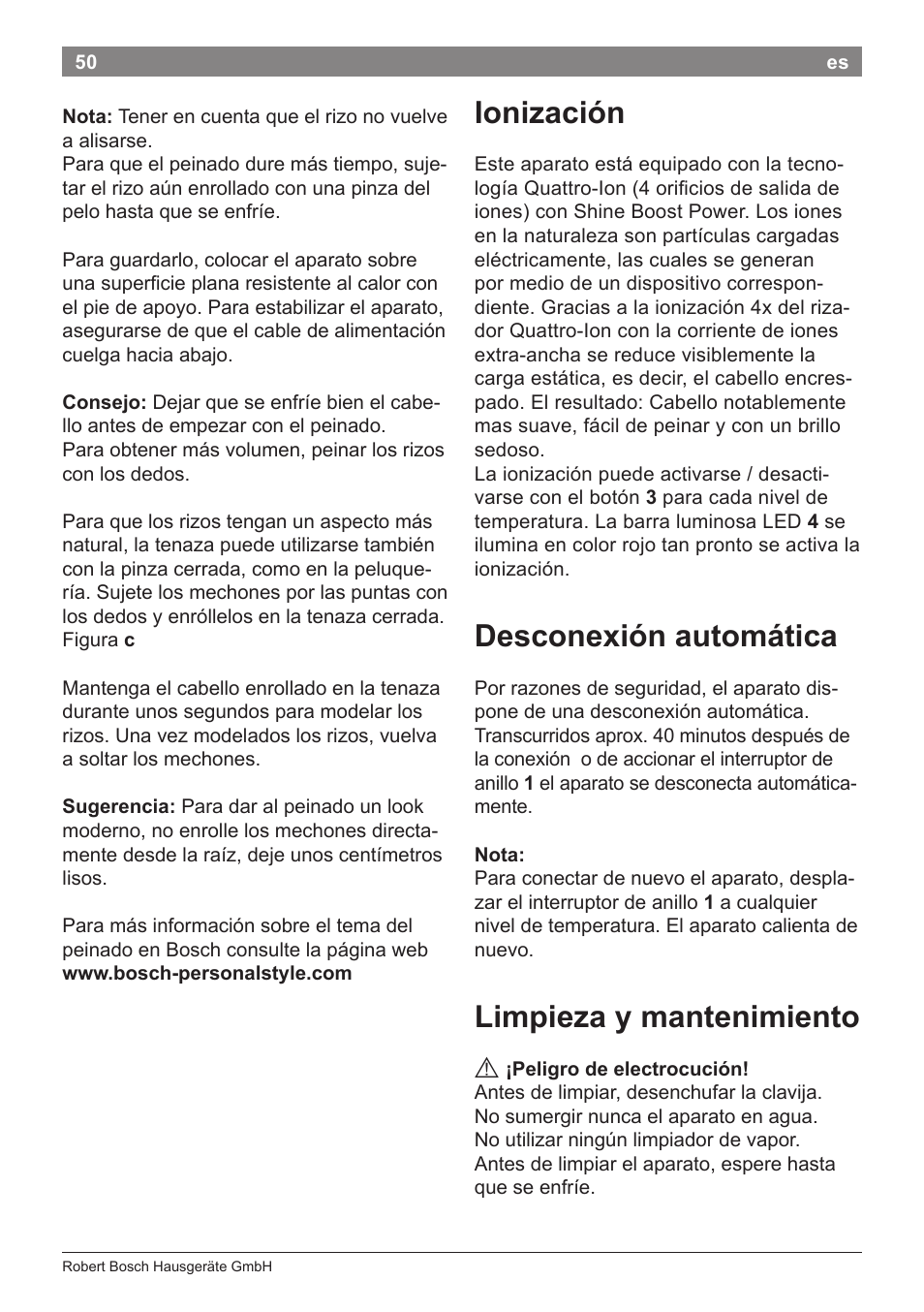 Ionización, Desconexión automática, Limpieza y mantenimiento | Bosch PHC5363 Lockenstab BrilliantCare Quattro-Ion User Manual | Page 52 / 102